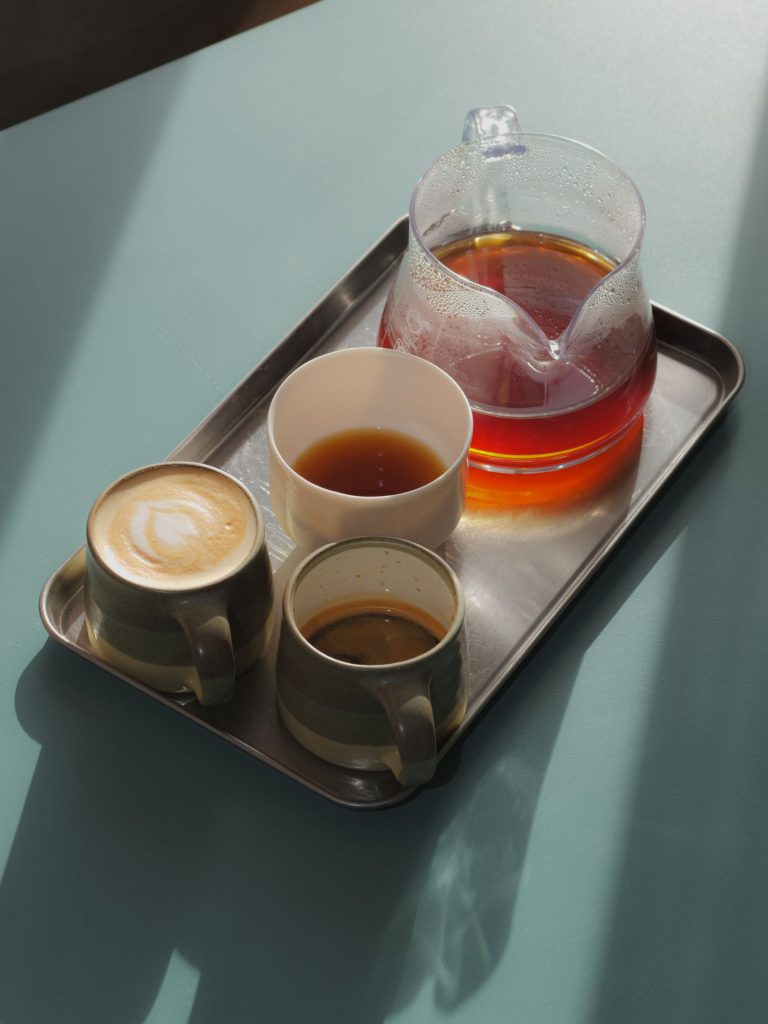 Tray with coffee and 2 cups of tea