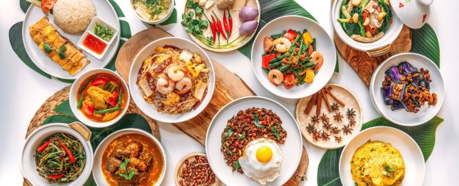 a display of 14 colourful singaporean dishes