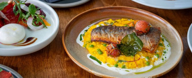 An array of colourful dishes with a bottle of red wine