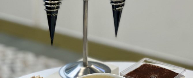 Latte coffee, two gelato cones, and two pastry desserts