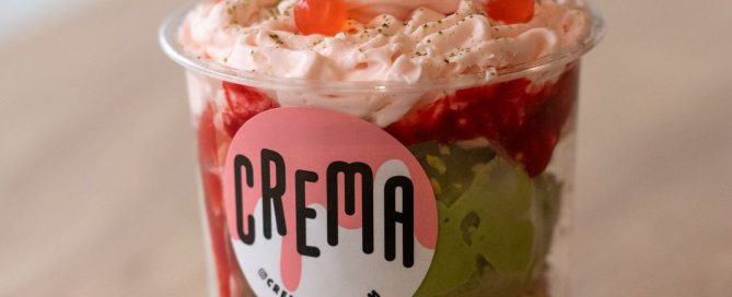 ice cream in clear cup topped with whipped cream and small cherries