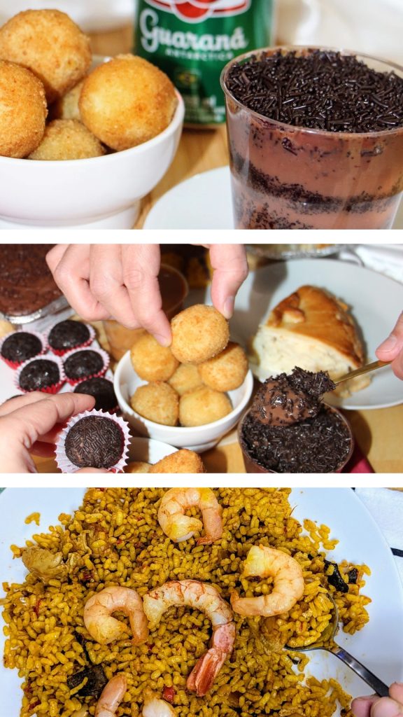 Three images of Brazilian savory snacks including empadao, brigadeiros, and cake