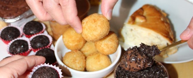 Three images of Brazilian savory snacks including empadao, brigadeiros, and cake