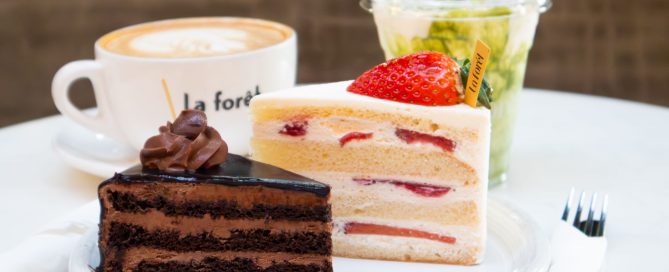 coffee and two slices of cake from Cafe La Foret
